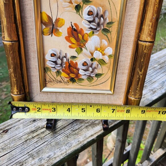 Original Signed Butterfly & Floral Oil Painting On Board In Vintage Faux Bamboo - Picture 2 of 8